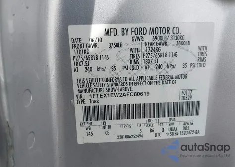 2010 Ford F-150 Stx/Xl z USA, uszkodzony, nr VIN 1FTEX1EW2AFC80619